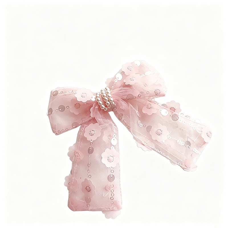 Delicate Sequin & Pearl Mesh Bow Hair Accessory – Romantic Pastel Elegance