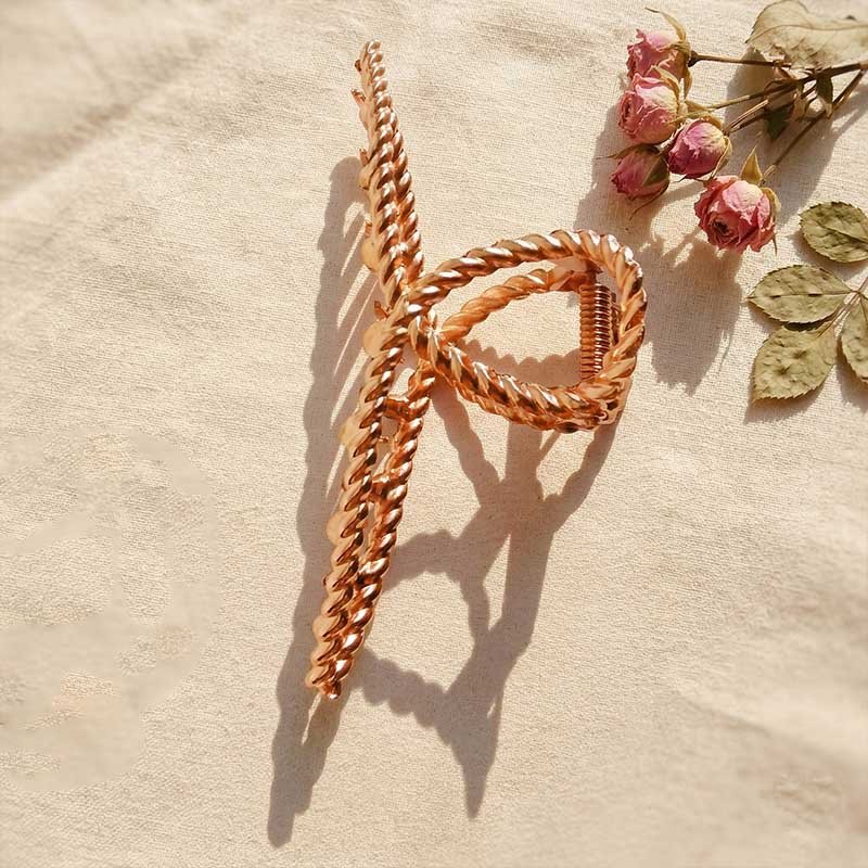 Rose Gold Twisted Rope Bow Hair Claw Clip – Elegant Metallic Statement Accessory