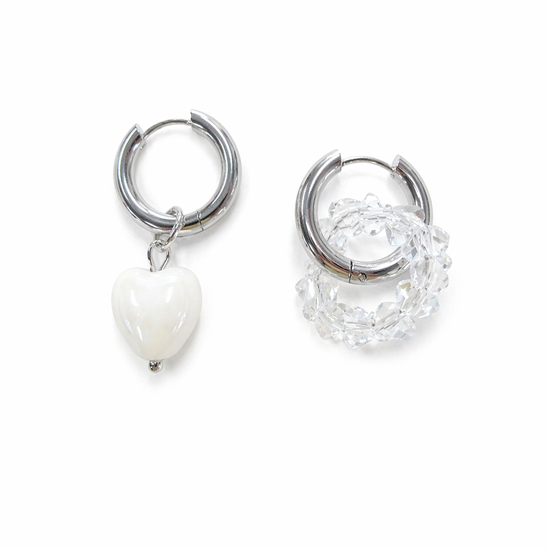 Asymmetrical Silver Hoop Earrings Heart & Crystal Charm Duo