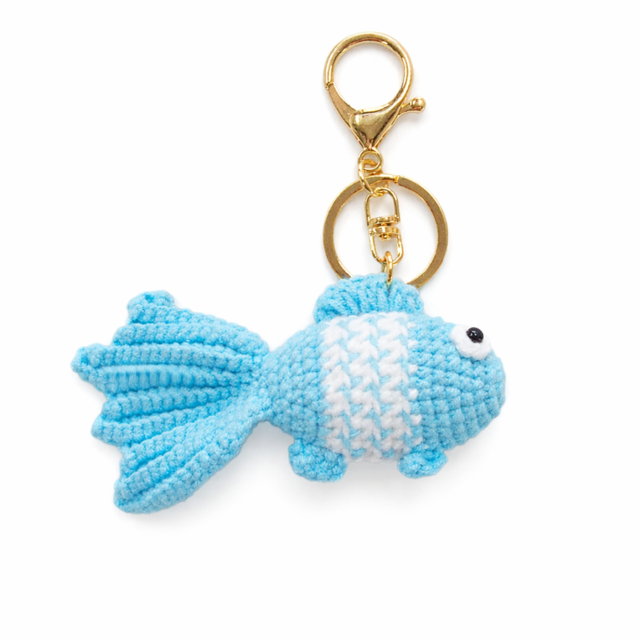 Handmade Crochet Fish Keychain – Light Blue & White with Gold-Tone Lobster Clasp