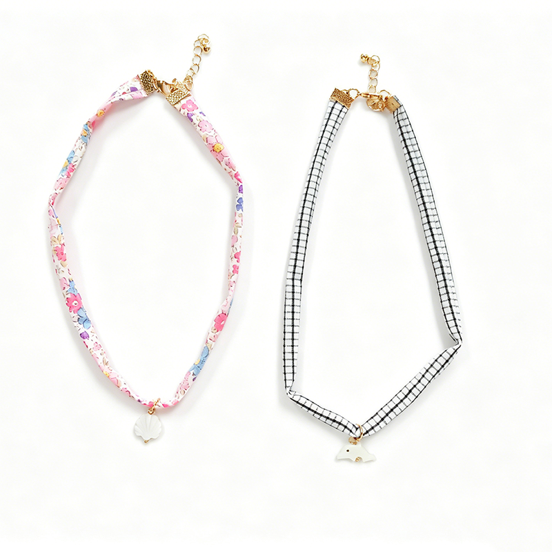 Fabric Choker Necklace Set – Floral & Gingham Prints with Shell & Whale Charms (Gold-Tone Hardware)
