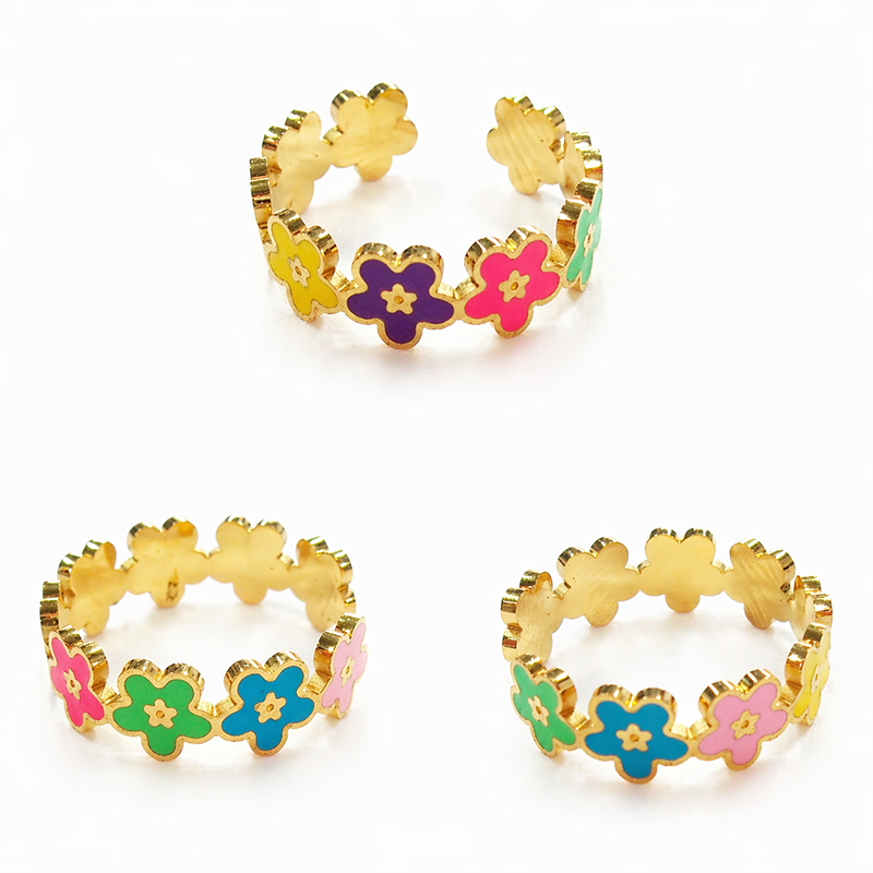 Colorful Flower Power Adjustable Ring – Gold-Tone Enamel Stackable Band