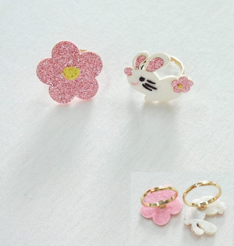 Glitter Flower & Bunny Ring Set – Cute Adjustable Gold-Tone Bands for Kids & Teens