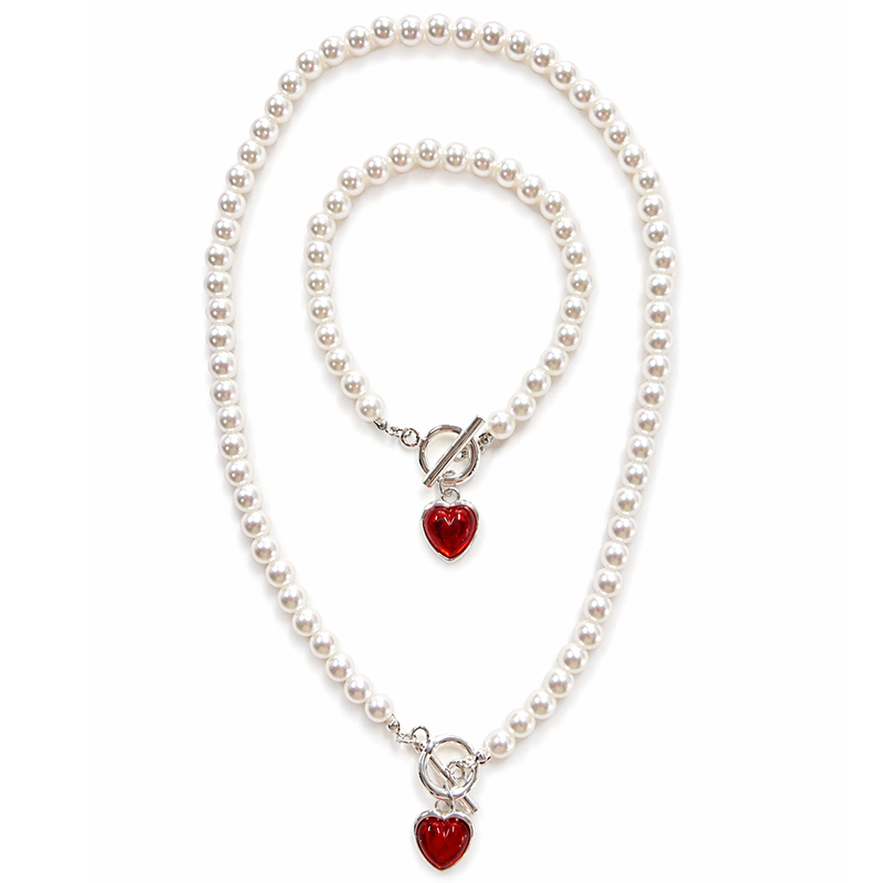Classic White Pearl Necklace & Bracelet Set with Red Enamel Heart Charms