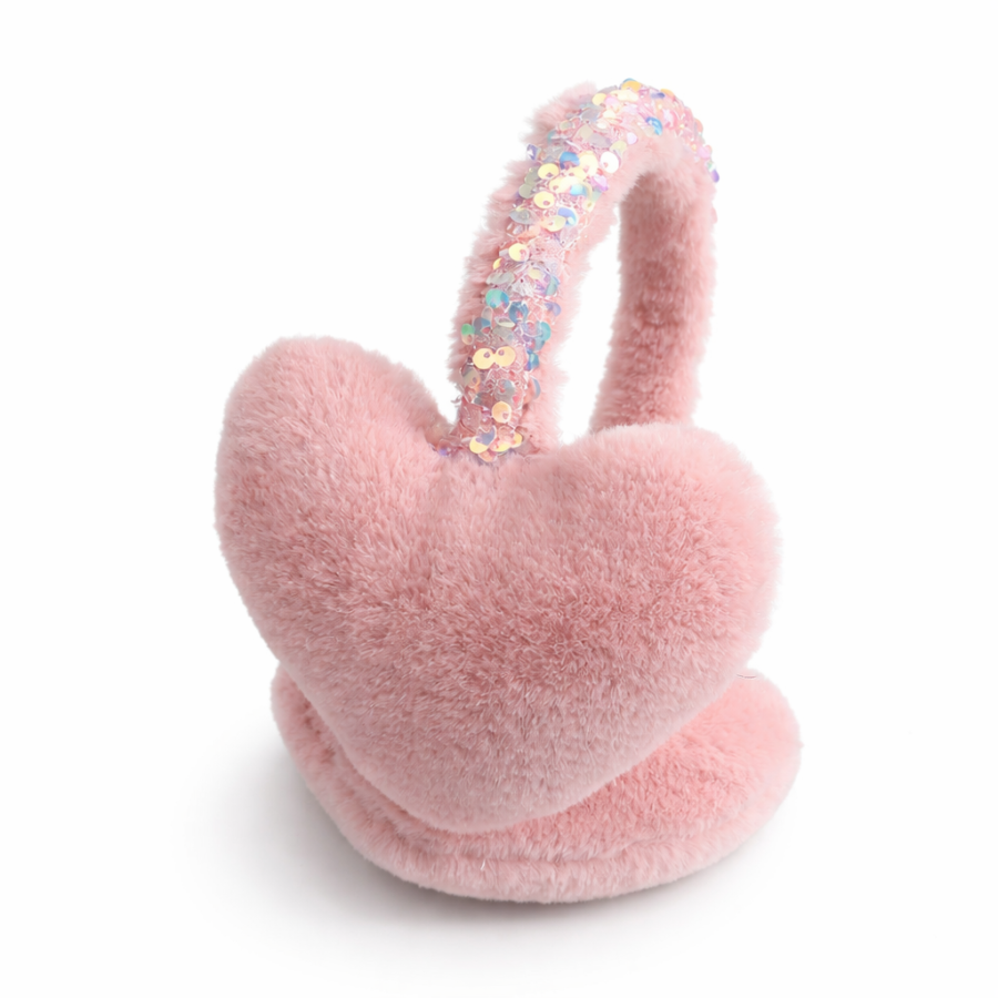 SparkleHeart Plush Heart-Shaped Earmuffs with Iridescent Sequin Headband