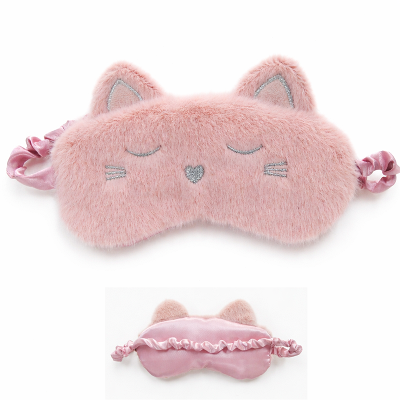 Fluffy Pink Cat Sleep Mask with Silver Embroidery & Satin Back