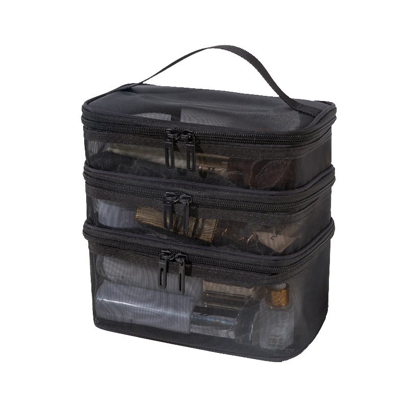 ClearView 3-Tier Mesh Toiletry Organizer with Dual-Zip Compartments & Top Handle