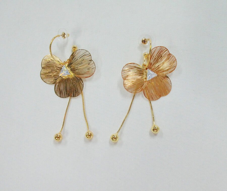 Gold-Tone Brushed Metal Flower Hook Earrings with Crystal Center & Dangling Beads