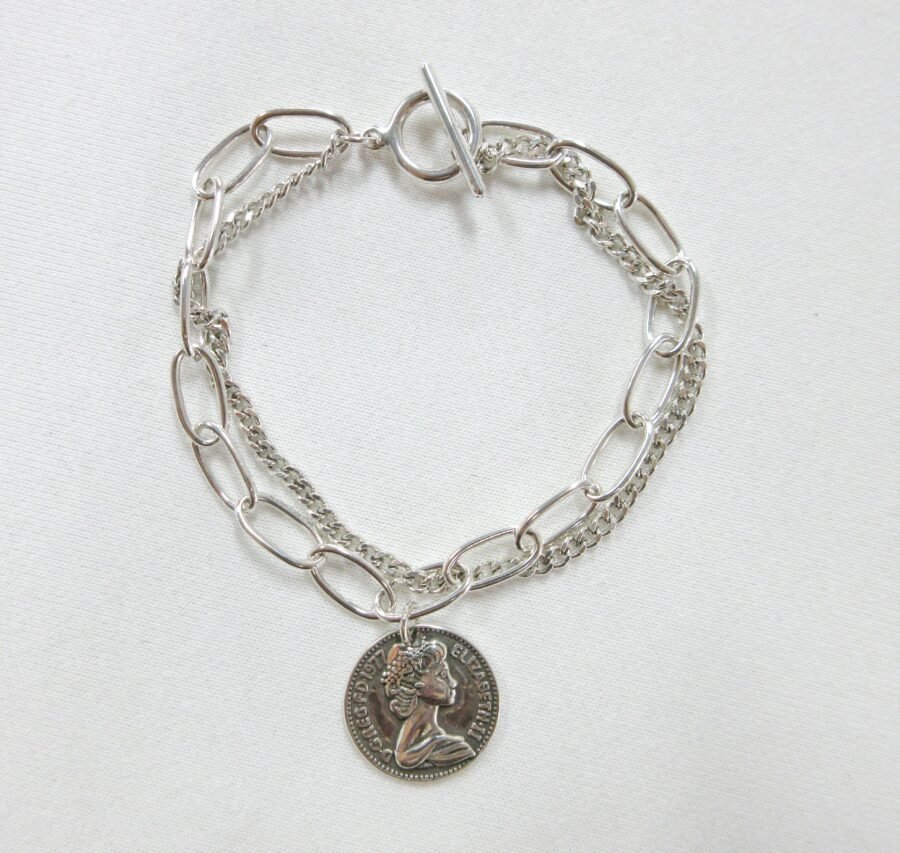 Silver-Tone Double-Layer Chain Bracelet with Vintage Queen Elizabeth II Coin Charm