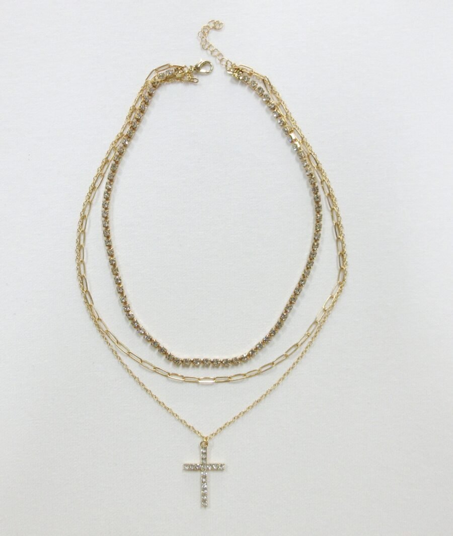 Gold-Tone Triple-Layer Layered Necklace Set with Pave Crystal Chain, Paperclip Link & CZ Cross Pendant
