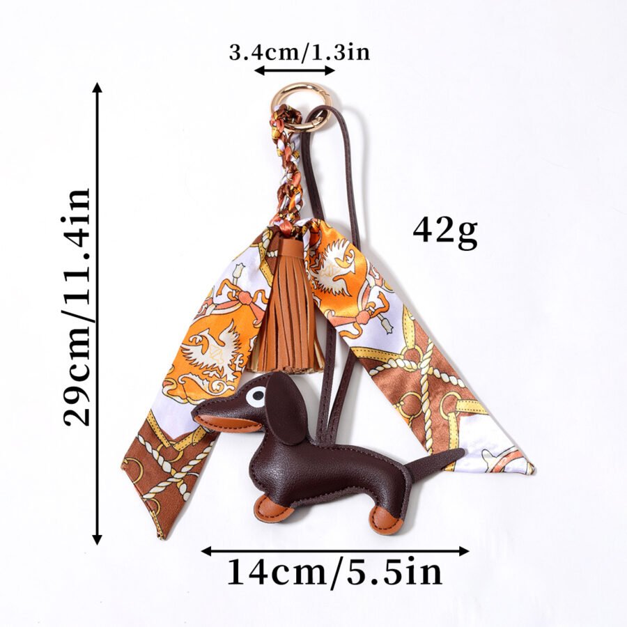 Dachshund Delight™ Leather Dog Keychain with Printed Silk Scarf & Tassel