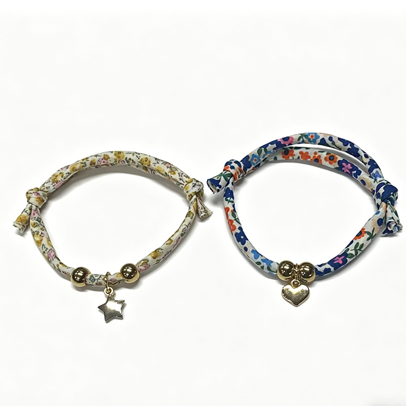 Floral Fabric Bracelet Set with Charm