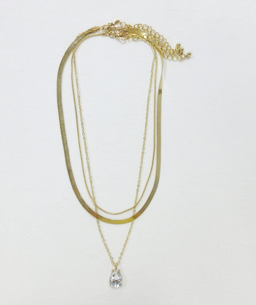Gold-Tone Triple-Layer Layered Necklace Set with Snake Chain, Delicate Cable Chain & Teardrop CZ Pendant
