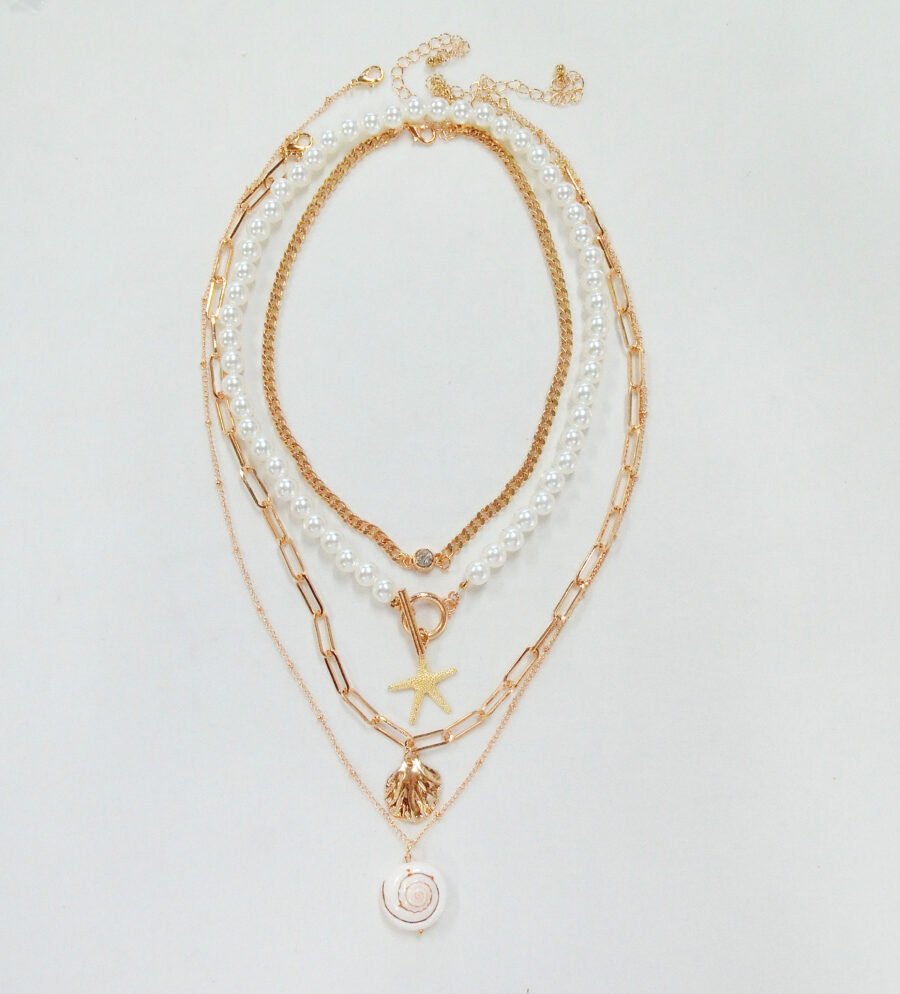 Rose-Gold Multi-Layer Coastal Necklace Set with Freshwater Pearls, Chain Variants & Ocean Charms