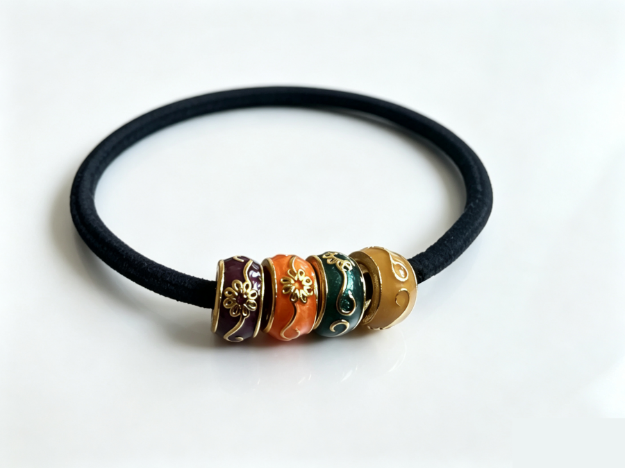 Vintage Floral Brass Hair Tie with Gold-Plated Beads